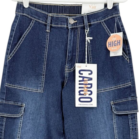 YMI Women's High-Rise Wide Leg Mid Rise Stretch Blue Cargo Jeans Size Small NWT - Picture 3 of 11